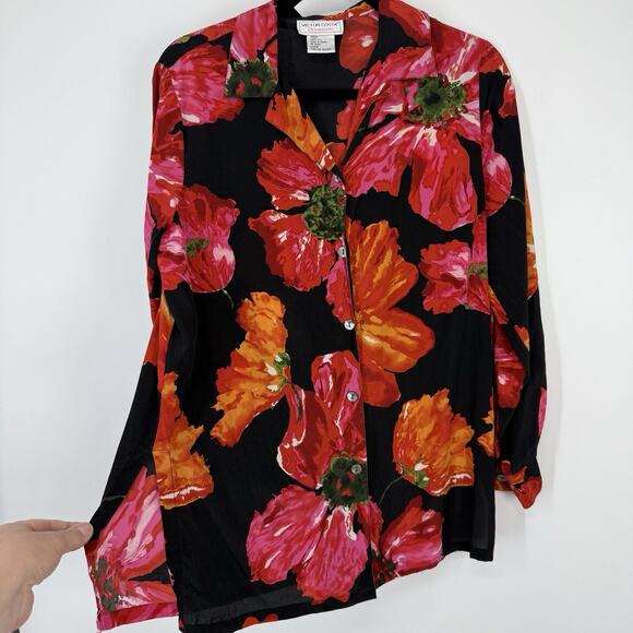 Victor Costa Silk Button Up Shirt Women size Medium Big Flower Print Long Slv - Picture 5 of 9